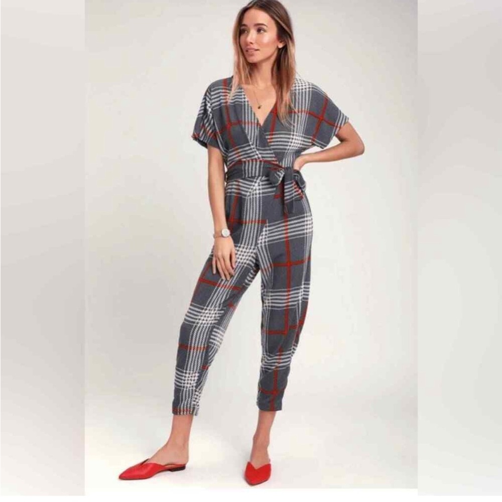 Lush Black and Red Plaid Jumpsuit with V-Neck and Tie Belt